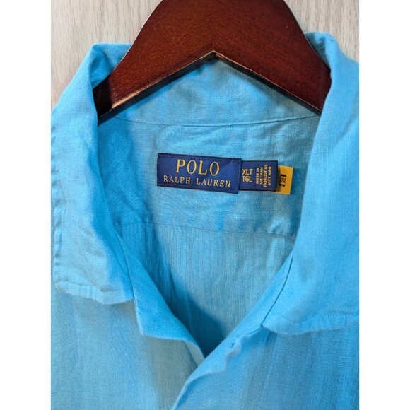 POLO RALPH LAUREN Mens Classic Fit Linen Short Sleeve Button Up Shirt Blue XLT - Picture 3 of 7